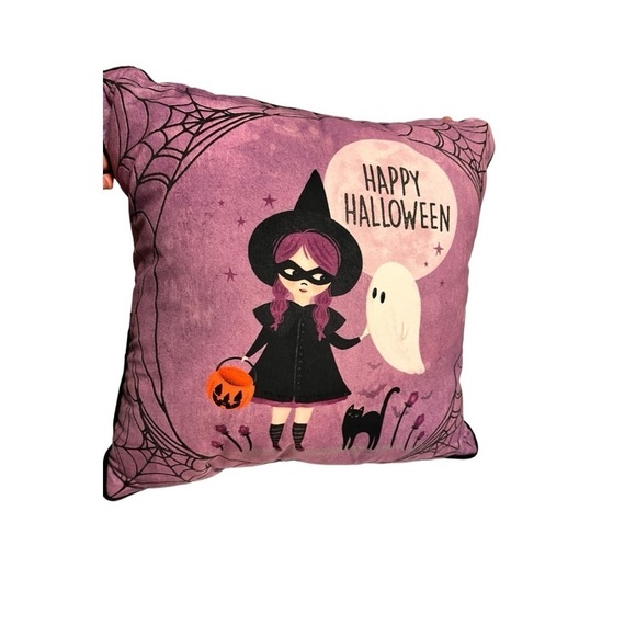 Happy Halloween pillow girl trick or treat ghost black cat spider web 12 x 12 - Picture 7 of 7